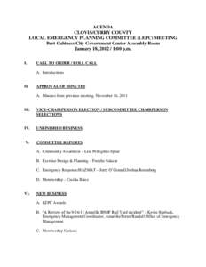AGENDA CLOVIS/CURRY COUNTY LOCAL EMERGENCY PLANNING COMMITTEE (LEPC) MEETING Bert Cabiness City Government Center Assembly Room January 18, [removed]:00 p.m. I.