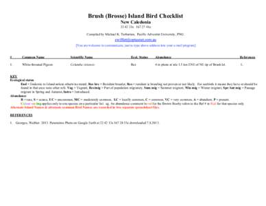 Brush (Brosse) Island Bird Checklist New Caledonia33s41e Compiled by Michael K. Tarburton, Pacific Adventist University, PNG. [You are welcome to communicate, just re-type above address into your e-mail pr