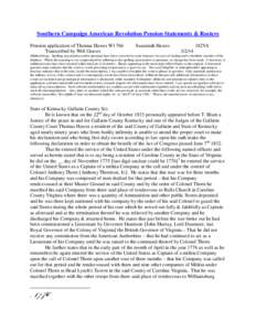 Southern Campaign American Revolution Pension Statements & Rosters Pension application of Thomas Hawes W1766 Transcribed by Will Graves Susannah Hawes