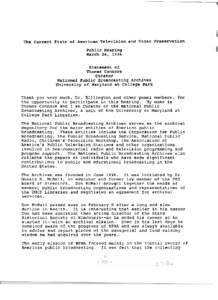 The Current State of American Television and Video Preservation Public Hearing March 2 6 , [removed]Statement of Thomas Connors curator