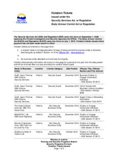 Violation Tickets issued under the Security Services Act or Regulation Body Armour Control Act or Regulation in 2010