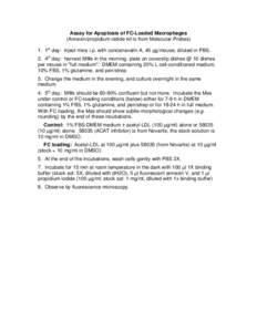 Assay for Apoptosis of FC-Loaded Macrophages (Annexin/propidium iodide kit is from Molecular Probes) 1. 1st day: inject mice i.p. with concanavalin A, 40 µg/mouse, diluted in PBS. 2. 4th day: harvest M s in the morning,