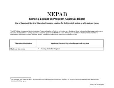 NEPAB Nursing Education Program Approval Board List of Approved Nursing Education Programs Leading To Re-Entry to Practice as a Registered Nurse The NEPAB List of Approved Nursing Education Programs Leading to Re-Entry t