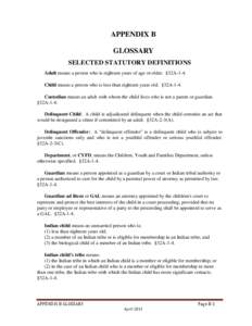 APPENDIX B GLOSSARY SELECTED STATUTORY DEFINITIONS Adult means a person who is eighteen years of age or older. §32A-1-4. Child means a person who is less than eighteen years old. §32A-1-4. Custodian means an adult with