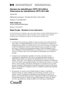 Décision de radiodiffusion CRTC[removed]et Ordonnance de radiodiffusion CRTC[removed]Version PDF Références au processus : [removed], [removed]et[removed]Ottawa, le 13 novembre 2014