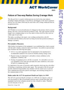 HA.01  Failure of Two-way Radios During Cranage Work This Hazard Alert is issued to inform persons involved in the crane industry including Company Principals, Crane Drivers and Doggers of the need to maintain and test t