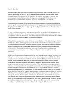 Dear Ms. Bachelet, We are a coalition of women’s organizations advocating for women’s rights and health in global and national responses to HIV and AIDS. We are delighted to welcome you to your new role as UnderSecre