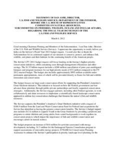 TESTIMONY OF DAN ASHE, DIRECTOR, U.S. FISH AND WILDLIFE SERVICE, DEPARTMENT OF THE INTERIOR, BEFORE THE U.S. HOUSE OF REPRESENTATIVES COMMITTEE ON NATURAL RESOURCES, SUBCOMMITTEE ON FISHERIES, WILDLIFE, OCEANS AND INSULA