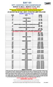 BAY 101       WPT / SHOOTING STAR CHAMPIONSHIP  MARCH 10 (Mon) – MARCH 14 (Fri), 2014 D1A, D1B & D2 START AT 11:00 AM Players on D1A and D1B can enter the Tournament during the first 6 levels “Reentries”