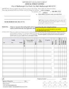 IMPORTANT LEGAL DOCUMENT ANNUAL STREET LISTING City of Marlborough, City Clerk, City Hall, Marlborough, MAIMPORTANT: State law requires that you be sent an annual street listing. Please update the information belo