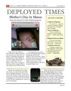 ISAF ’09 - DEPLOYMENT NEWSLETTER, VOL 2, ISSUE 1
[removed]MAY 31 DEPLOYED TIMES Mother’s Day At Manas