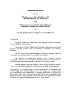 STATEMENT OF INTENT between The Government of the Republic of India Ministry of Science and Technology and The Government of the United States of America