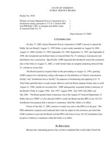 STATE OF VERMONT PUBLIC SERVICE BOARD Docket No[removed]Petition of Green Mountain Power Corporation for a declaratory ruling, pursuant to 3 V.S.A. Section 808 and PSB Rule 2.403, to interpret and define terms