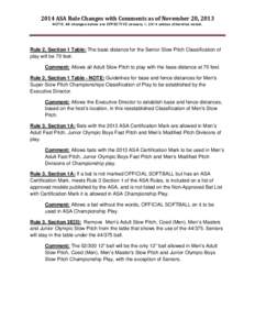 2014 ASA Rule Changes with Comments as of November 20, 2013 NOTE: All changes below are EFFECTIVE January 1, 2014 unless otherwise noted. Rule 2, Section 1 Table: The base distance for the Senior Slow Pitch Classificatio