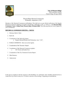 City of Pleasant RidgeWoodward Avenue Pleasant Ridge, MichiganPleasant Ridge Historical Commission Wednesday, September 6, 2017