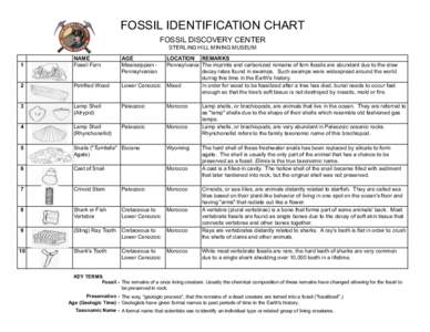 FOSSIL IDENTIFICATION CHART FOSSIL DISCOVERY CENTER STERLING HILL MINING MUSEUM 1  NAME