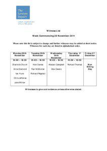 Witness List Week Commencing 28 November 2011