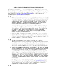 USA PHYTOPHTHORA RAMORUM NURSERY CHRONOLOGY The following information is a summary of the status of Phytophthora ramorum in United States nurseries. For information on Europe’s Phytophthora ramorum nursery infestations