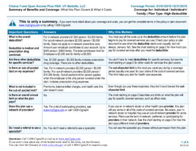 Choice Fund Open Access Plus HSA: UT-Battelle, LLC Summary of Benefits and Coverage: What this Plan Covers & What it Costs Coverage Period: [removed]2015 Coverage for: Individual / Individual+/ Family | Plan Type