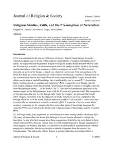 Journal of Religion & Society  Volume[removed]ISSN[removed]Religious Studies, Faith, and the Presumption of Naturalism