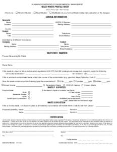 ALABAMA DEPARTMENT OF ENVIRONMENTAL MANAGEMENT  SOLID WASTE PROFILE SHEET (Please Print or Type - Black Ink Only)  Check one: