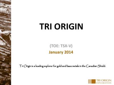 TRI ORIGIN (TOE: TSX-V) January 2014 Tri Origin is a leading explorer for gold and base metals in the Canadian Shield.  Investment Opportunity