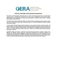 What is a Strategic Environmental Assessment? The SEA is an environmental assessment process carried out before decisions have to be made about specific projects. It involved the participation of a wide range of stakehol