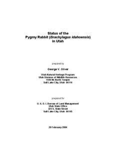 Status of the Pygmy Rabbit (Brachylagus idahoensis) in Utah