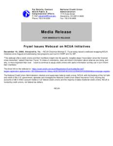 Media Advisory - Fryzel Issues Webcast on NCUA Initiatives