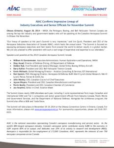 NEWS RELEASE  FOR IMMEDIATE RELEASE AIAC Confirms Impressive Lineup of Industry Executives and Senior Officials for November Summit