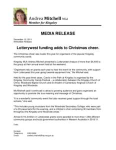 Andrea Mitchell MLA Member for Kingsley MEDIA RELEASE December 13, 2011 Immediate Release