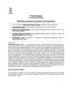 Press Release For Immediate Release Richelieu pursues its growth and expansion  _______________________________________________________________________________