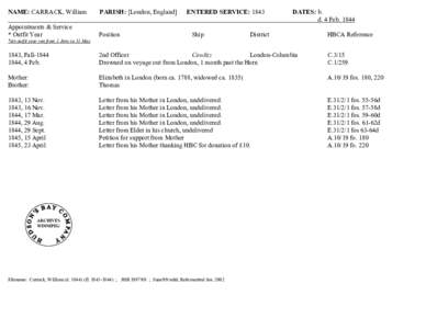 NAME: CARRACK, William[removed]PARISH: [London, England[removed]ENTERED SERVICE: 1843