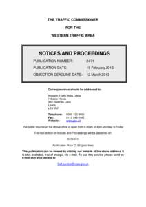 THE TRAFFIC COMMISSIONER FOR THE WESTERN TRAFFIC AREA NOTICES AND PROCEEDINGS PUBLICATION NUMBER: