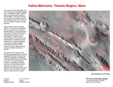 Valles Marineris, Tharsis Region, Mars The canyons of the Valles Marineris form a long series of parallel troughs up to 10 kilometers deep. Together, they are long enough to span the United States. This scene features