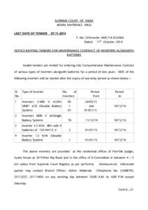 SUPREME COURT OF INDIA ADMN. MATERIALS (P&S) LAST DATE OF TENDER[removed]F. No. 33/Inverter AMC/14-SCI(AM)