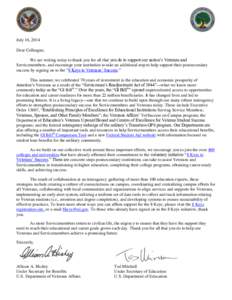 Letter from Ted Mitchell, Under Secretary, Department of Education, and Allison A. Hickey, Under Secretary of Benefits, Department of Veterans Affairs, encouraging institutions of higher education to affirm support for t