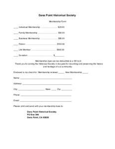 Dana Point Historical Society    Membership Form    ____ Individual Membership …......................... $25.00   