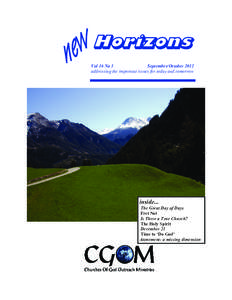 Horizons Vol 16 No 5 September/October 2012 addressing the important issues for today and tomorrow  inside...