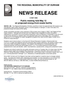 THE REGIONAL MUNICIPALITY OF DURHAM  NEWS RELEASE 13 MAY[removed]Public meeting held May 12