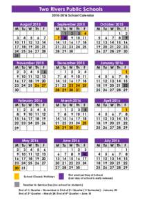 Two Rivers Public SchoolsSchool Calendar August 2015 M Tu W Th F