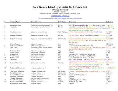 New Guinea Island Systematic Bird Check List PNG & Indonesia 5 30 00s00e Compiled by M.K. Tarburton, Pacific Adventist University, PNG. [To communicate please re-type above address into your e-mail program] #