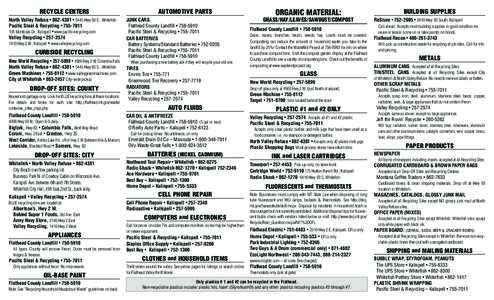 RECYCLE CENTERS North Valley Refuse • [removed] • 5445 Hwy 93 S., Whitefish Pacific Steel & Recycling • [removed]Montclair Dr., Kalispell • www.pacific-recycling.com  Valley Recycling • [removed]