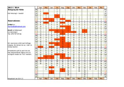 [removed]Belegung der Hütte Rot hinterlegt = besetzt Reservationen: E-Mail an: