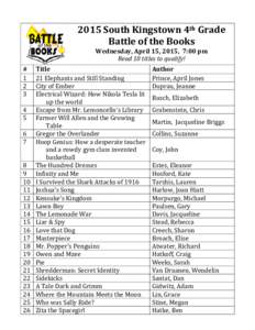 2015 South Kingstown 4th Grade Battle of the Books Wednesday, April 15, 2015, 7:00 pm Read 10 titles to qualify! # 1