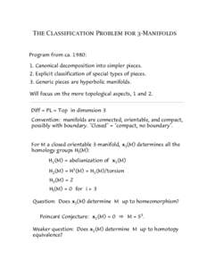 The Classification Problem for 3-Manifolds  Program from ca. 1980: 1. Canonical decomposition into simpler pieces. 2. Explicit classification of special types of pieces. 3. Generic pieces are hyperbolic manifolds.