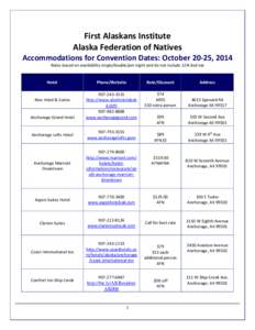 First Alaskans Institute Alaska Federation of Natives Accommodations for Convention Dates: October 20-25, 2014 Rates based on availability single/double/per night and do not include 12% bed tax  Hotel