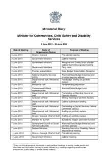 Ministerial Diary1 Minister for Communities, Child Safety and Disability Services 1 June 2013 – 30 June 2013 Date of Meeting 3 June 2013