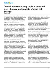 Cranial ultrasound may replace temporal artery biopsy in diagnosis of giant cell arteritis