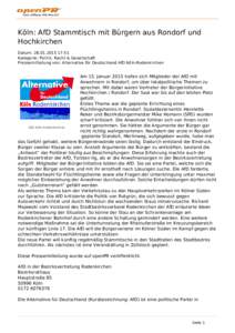 Köln: AfD Stammtisch mit Bürgern aus Rondorf und Hochkirchen Datum: [removed]:51 Kategorie: Politik, Recht & Gesellschaft Pressemitteilung von: Alternative für Deutschland AfD Köln-Rodenkirchen
